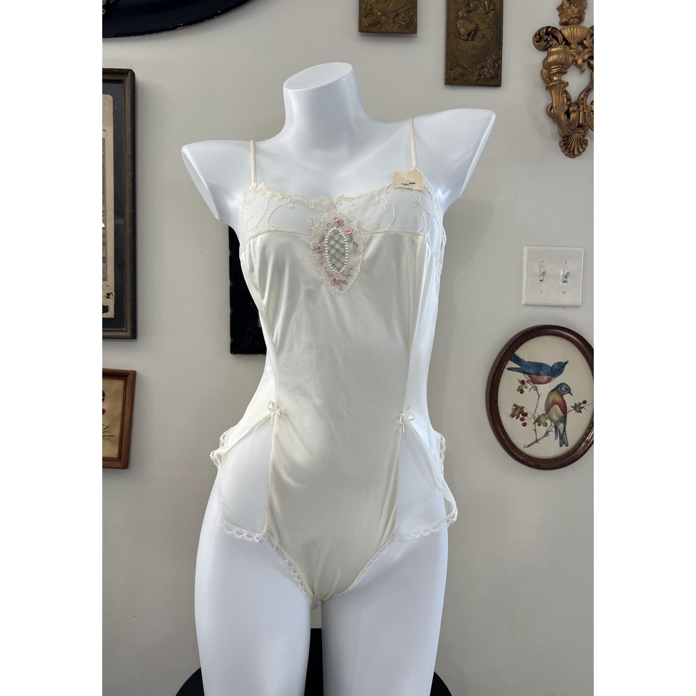 Vintage Cream Lace Embellished Spaghetti Strap Bodysuit Lingerie Size S
